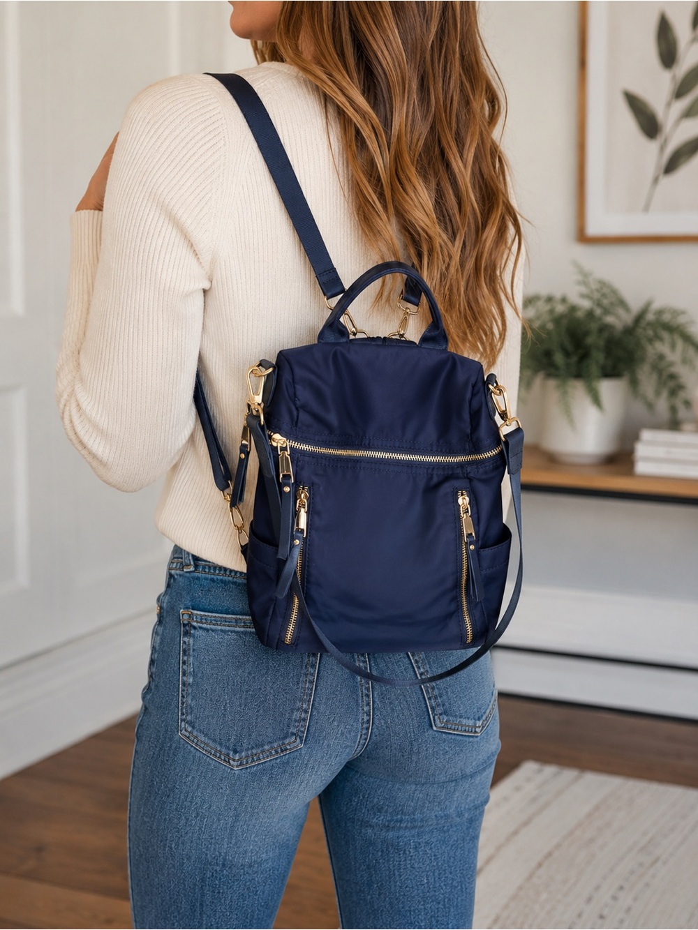 Miztique Navy Blue Nylon Convertible Backpack Crossbody Bag Gold Hardware